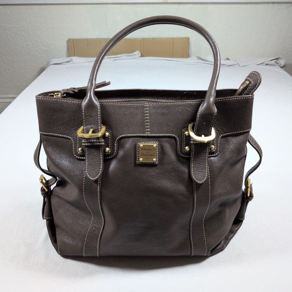 Dooney & Bourke Brown Pebbled Leather  Pocket Satchel Handbag Purse Red Interior